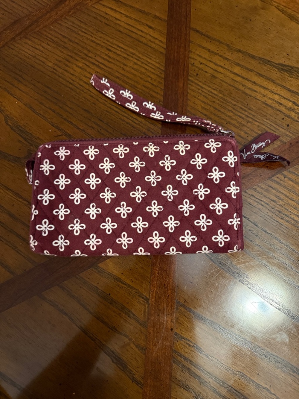 Vera Bradley quilted maroon and white wristlet